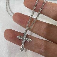 Shiny Crystal Zircon Cross Pendant Necklace Girls Punk Silver Color Thin Chain Necklace Party Jewelry Birthday Gift
