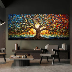 Colorful Mosaic Glass Canvas Painting,Tree of Life Artwork Canvas Print, Mythology Gift, for Living Room Office Home Decor