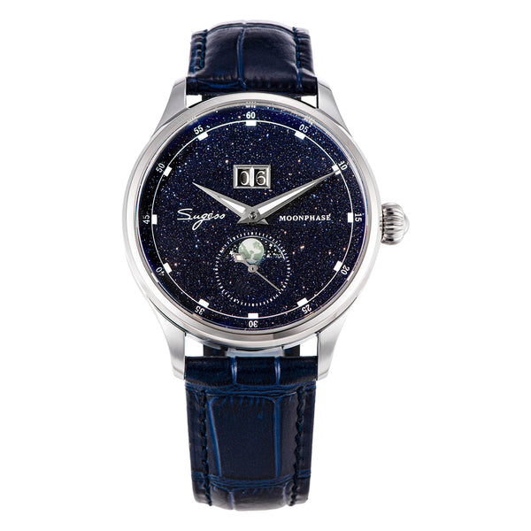 Sugess Moonphase Watch of Men 40mm Automatic Mechanical Wristwatches Origin ST2528 Movement Stainless Steel Blue Sandstone Dials
