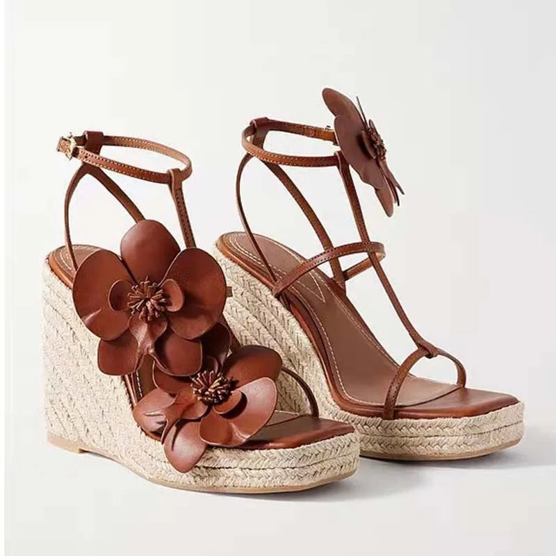 Fashion Flower Platform Wedges Sandals T Strap Open Toe Runway 2026 Summer Women Dress Shoes Braided Shoes