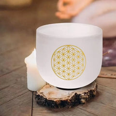 KVKA  8 Inch C Note 528Hz Life of Flower Design Chakra Frosted Quartz Crystal Singing Bowl with Free Mallet