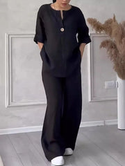Women’s Cotton Linen 2-Piece Set – Blouse & Wide Leg Pants