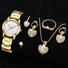 Women’s Gold Quartz Watch & Rhinestone Jewelry Set – Luxury Casual