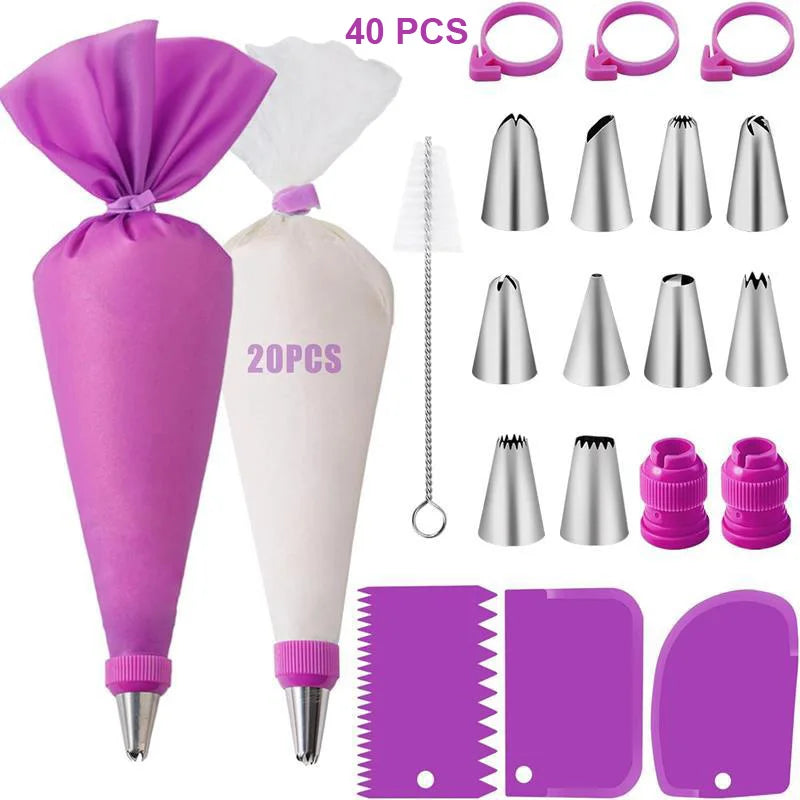 Silicone Piping Bags and Tips Set Cake DIY Decorating Kit with Stainless Steel Nozzle Reusable Silicone Pastry Baking tool Cooking Essentials, Kitchen Tools