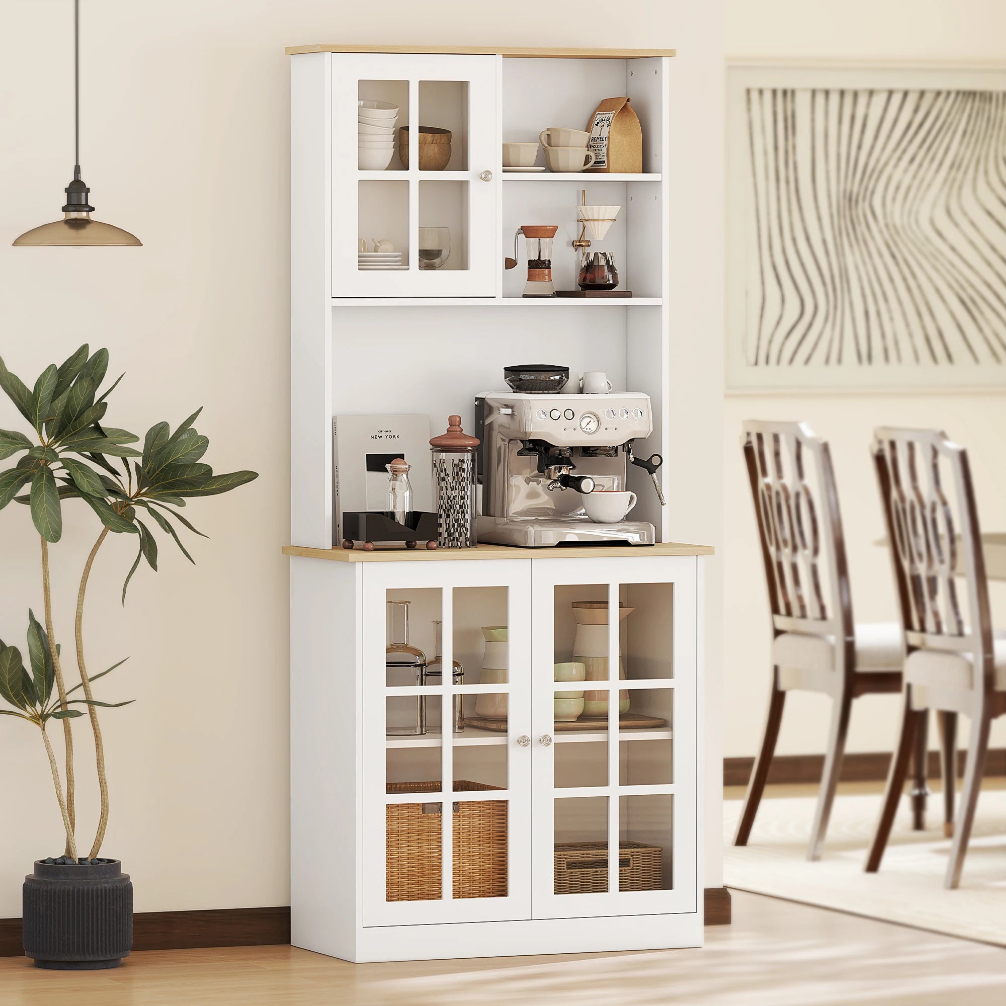 HOMCOM 72" Kitchen Cabinet with Glass Door, White Kitchen & Dining Furniture