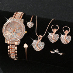 Women’s Gold Quartz Watch & Rhinestone Jewelry Set – Luxury Casual