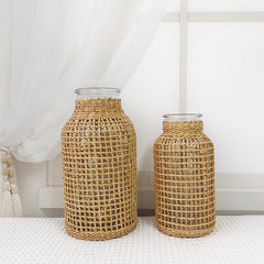 Vintage Rattan Vase Hand Woven Wicker Flower Pot Glass Bouquets Holder Vases Wedding Party Dining Table Centerpiece Decor