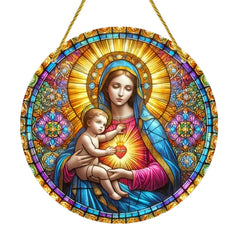 Virgin Mary Suncatcher - Round Acrylic Wall Art, Stained Style Hanging Decor, Ideal for Living Room, Bedroom,Perfect Family Gift