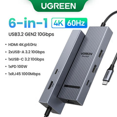 UGREEN USB HUB 4K120Hz DP Type-C to 4K60Hz 2xHDMI SD/TF RJ45 3.5mm USB3.2 Gen2 10Gbps Data for Laptop Dell HP Lenovo Accessories
