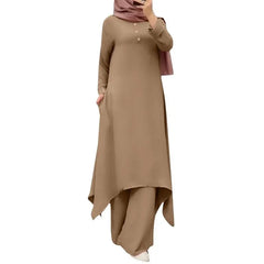 Spring Autumn Hot Sale Of The Season New Muslim Women's Clothing Set Middle East Solid Color round Neck Button Long Sleeve Wide