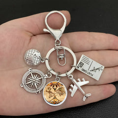 New ideas Earth plane keychain pendant earth compass personality memorial key ring gift for travel lovers