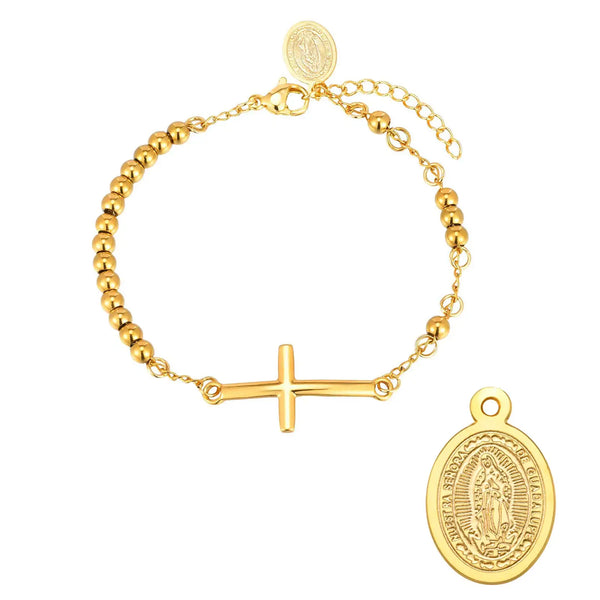 Women's Rosary Cross Virgin Mary Bracelet,Stainless Steel Vintage Charm Beaded Bracelets,Religious Prayer Jewelry Gifts