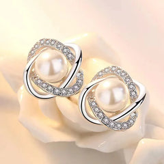 14K Gold Zircon Pearl Twist Stud Earrings for Women