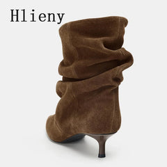 Liyke Winter Pleated Suede Women Shoes Pointed Toe Low Thin Heels Female Brown Retro Elegant Designer Ankle Boots Bottes Femme