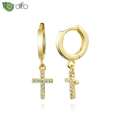 925 Sterling Silver Needle Fashion Cross Pendant Hoop Earrings for Women Vintage Gold Color Small Earrings Luxury Jewelry Gifts