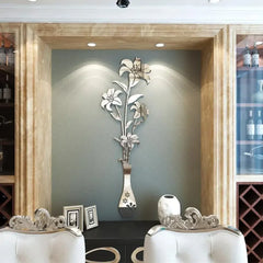 DIY Lily Flower Vase Acrylic Mirror Art Stickers for Room Decoration Vase 3D Flower Wall Decals Sticker Living Room Wall Home Decor
