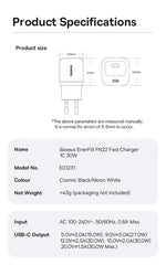 Baseus 30W GaN Charger PD Charger For iPhone 17 16 15 14 13 12 Max Fast Charger PD3.0 QC3.0 Phone Charger Type C Tablets Charger
