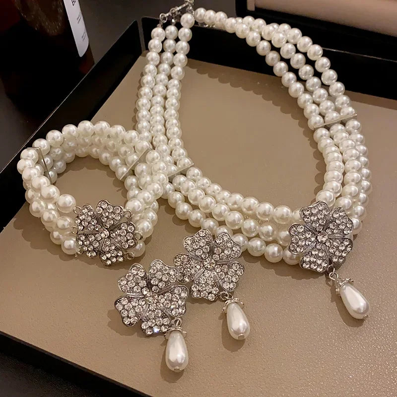 French Luxury Flower Pearl Jewelry Set – Multi-Layer Necklace & Earrings