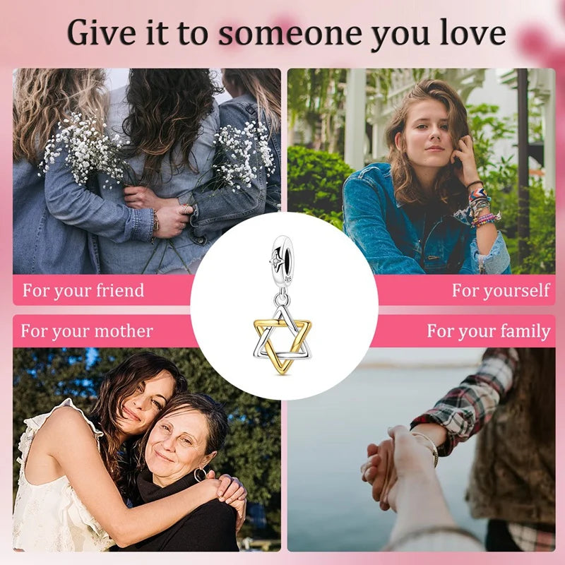 925 Sterling Silver Hexagram Star of David Pendant Jewish Bless Charm Fit Original Charm Bracelets Women DIY Jewelry Gift