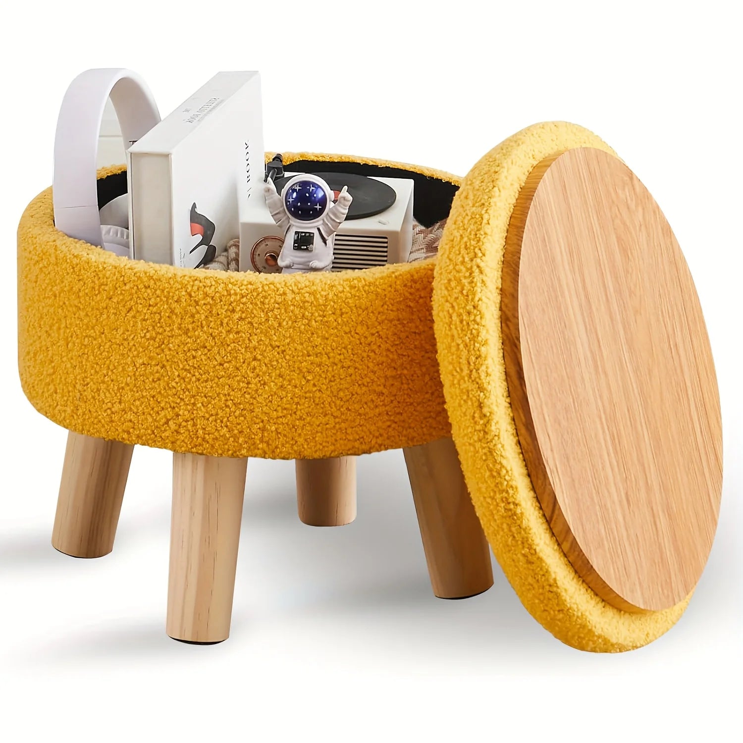 Velvet Round Ottoman with Wood Legs Multifunctional Footrest