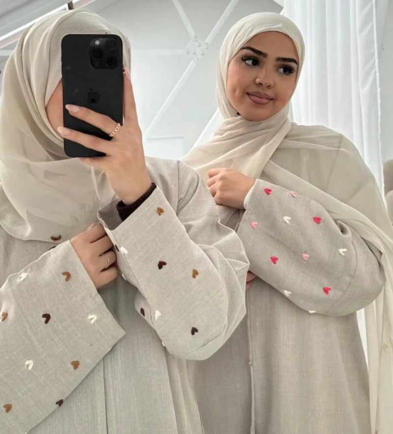 Heart Embroidery Thin Linen Open Abaya Kimono Muslim Dress Abayas for Women Dubai Luxury Turkey Ramadan Eid Islam Clothes Kaftan