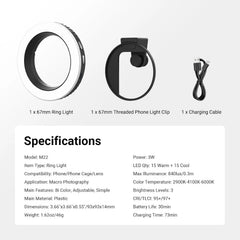 NEEWER BASICS 67mm Ring LED Video Light with Threaded Clip for Phone Cage/Case/Camera Lens for Tripod Vlog Macro Photography