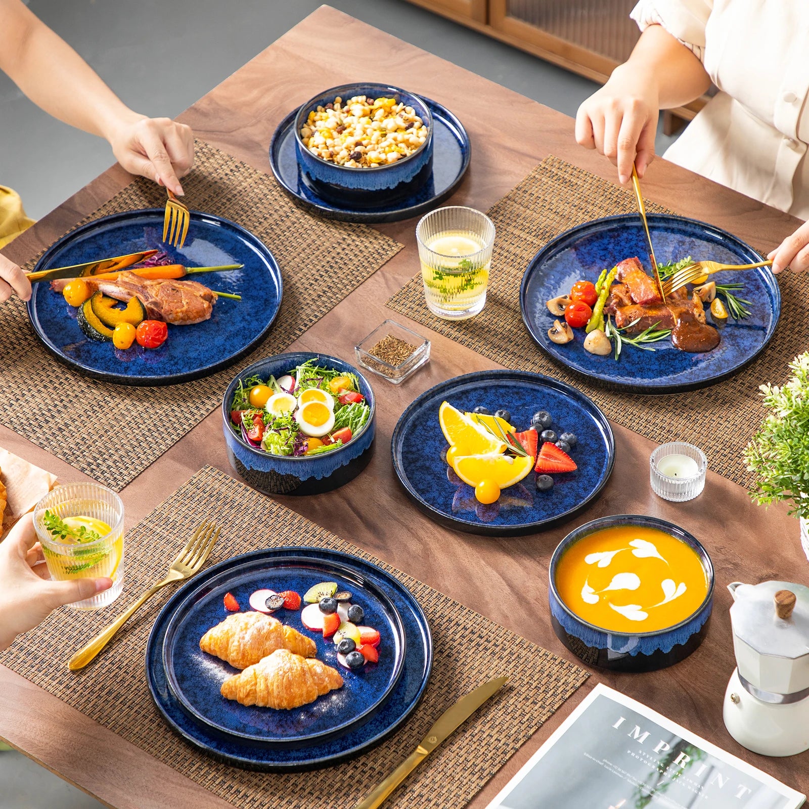 vancasso 12/24/36Piece Dinner set Black Blue Reactive Glaze Vertical edge Dinnerware set with 4PCS Dinner Plate/ Dessert/Bowl