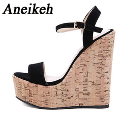 Aneikeh Fashion Shoes Woman Open Toe Platform Wedge Sandal for Woman Cutouts Super High Ankle Strap Gladiator Shoes Summer Heels
