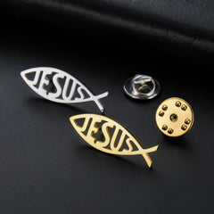 Teamer Jesus Fish Pin Brooch Stainless Steel For Women Man Christian Symbols Vintage Trendy Amulet Jewelry Vintage Accessory
