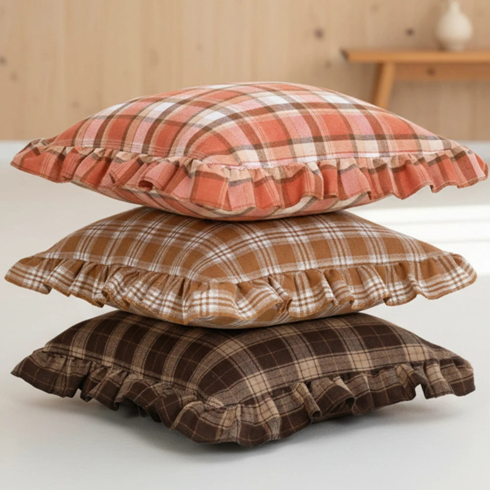 BUYNOW 1PC Two-tone Plaid Lace Pillowcase British Vintage Style Countryside Cottage Sofa Cushion Cover Home Bedroom Bed Decor