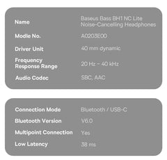 Baseus Bass EH10 NC Wireless Headphones Bluetooth 6.0 Noise Canceling 45dB Over Ear HeadsetSpatial Audio Earphone 80H Time