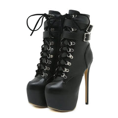 Liyke Sexy Buckle Strap 16.5 CM Extreme High Heels Platform Boots For Women Round Toe Cross Lace Up Party Club Stripper Shoes