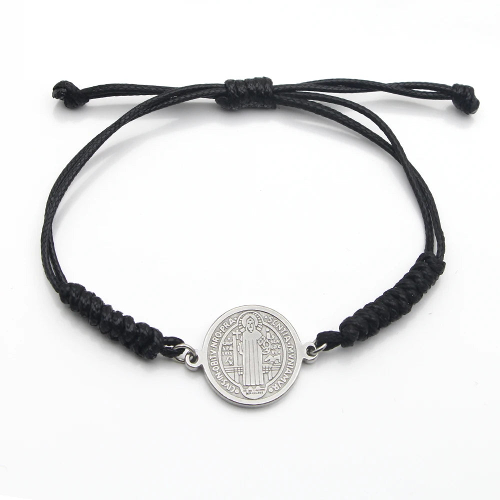 Catholic Religious Belief St. Benedict Cross Stainless Steel Bracelets Manual Chinese Knot Bracelets Men Adjustable Jewelry Gift