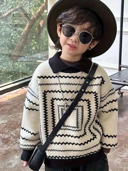 Korean Style Polo Collar Children's Sweater Retro Style Boys' Spring and Autumn Baby Knitwear Turn-Down Collar Trendy