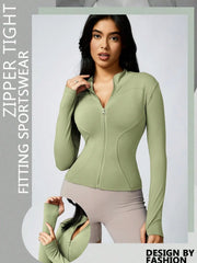 Women's Solid Color Zipper Turtleneck Sports Jacket, Long-Sleeved Sports Top, Gym Wear, Ladies' Sportswear for Indoor and Outdoo