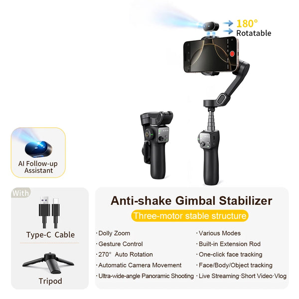 AOCHUAN 3-Axis Handheld Gimbal Phone Stabilizer with Extension Rod  8.0 Anti Shake Face Tracking for Phone Outdoor Shooting Vlog
