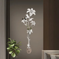DIY Lily Flower Vase Acrylic Mirror Art Stickers for Room Decoration Vase 3D Flower Wall Decals Sticker Living Room Wall Home Decor