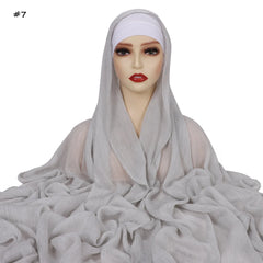 Ramadan Crinkle Rayon Hijabs with Cap Muslim Hijabs for Women Shawls Solid Instant Headscarf Wraps Stripe Islamic Turban Foulard