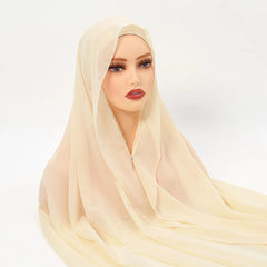 Premium Chiffon Hijab With Bulit-in Magnets Solid Color Easy To Wear Shawl Wrap With Undercap For Muslim Women