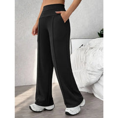 Women's Plain Loose Straight Leg Pants, Wide Leg High Waist Sporty Casual Sweatpants with Pockets, Comfortable Daily Wear Casual