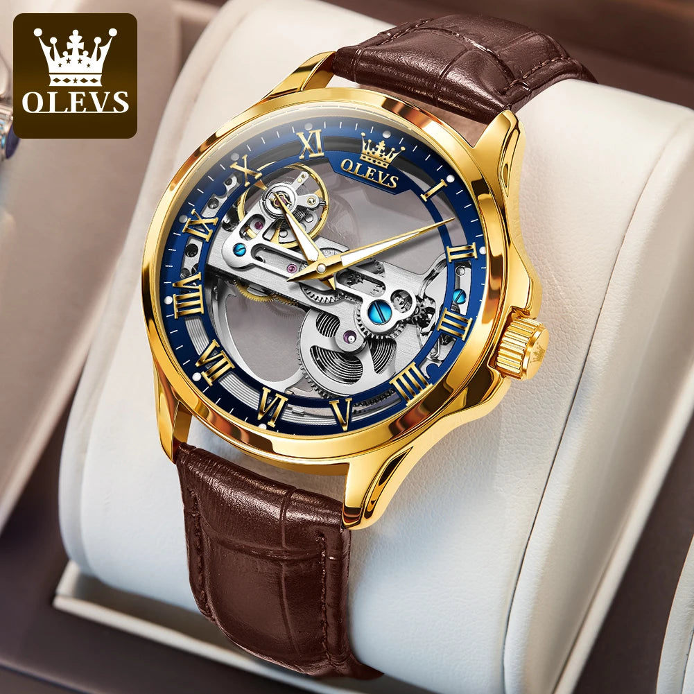 OLEVS 6661 Mens Watch Luxury Automatic Mechanical Watch Waterproof Luminous Leather Strap Watch Watches For Men Box Original