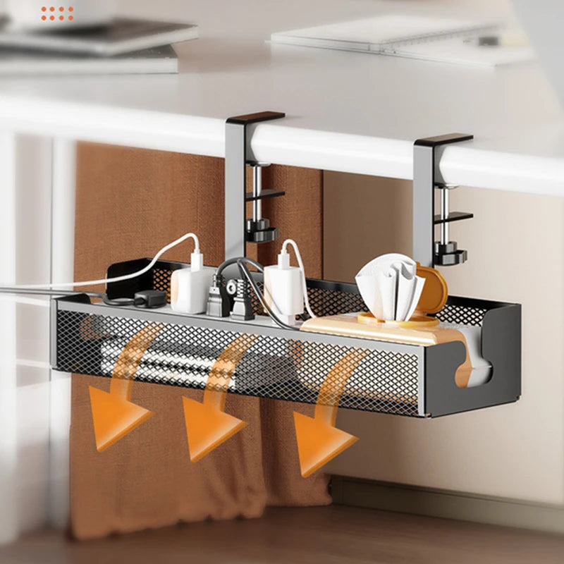 Black steel clamp-on under desk cable management tray