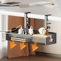 Black steel clamp-on under desk cable management tray
