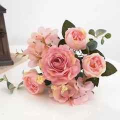 Artificial Flowers Retro Silk Rose Bouquet Hydrangea Peony Vintage Bride Holding Fake Plants Home Wedding Decoration Accessories