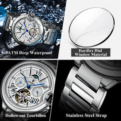 POEDAGAR Luxury Man Watch Tourbillon Date Week Stainless Steel Men Watch Waterproof Automatic Mechanical Military Men's Watches