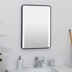 Haodirect Black Frame Rectangular Round Corner Bathroom Mirror with LED Light, Touch Switch Bathroom Vanity Mirror