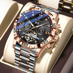 POEDAGAR Top Luxury Men Watch Automatic Date Week Man Wristwatch Hollow Tourbillon Mechanical Stainless Steel Men's Watches Male