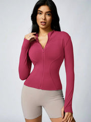 Women's Solid Color Zipper Turtleneck Sports Jacket, Long-Sleeved Sports Top, Gym Wear, Ladies' Sportswear for Indoor and Outdoo