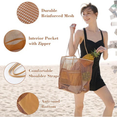 1pcs Foldable Beach Bag with Mesh Net, Mesh Bag, Women's Shoulder Bag, Essential for Outdoor Travel and Leisure Activities