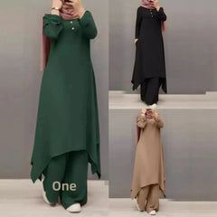Spring Autumn Hot Sale Of The Season New Muslim Women's Clothing Set Middle East Solid Color round Neck Button Long Sleeve Wide